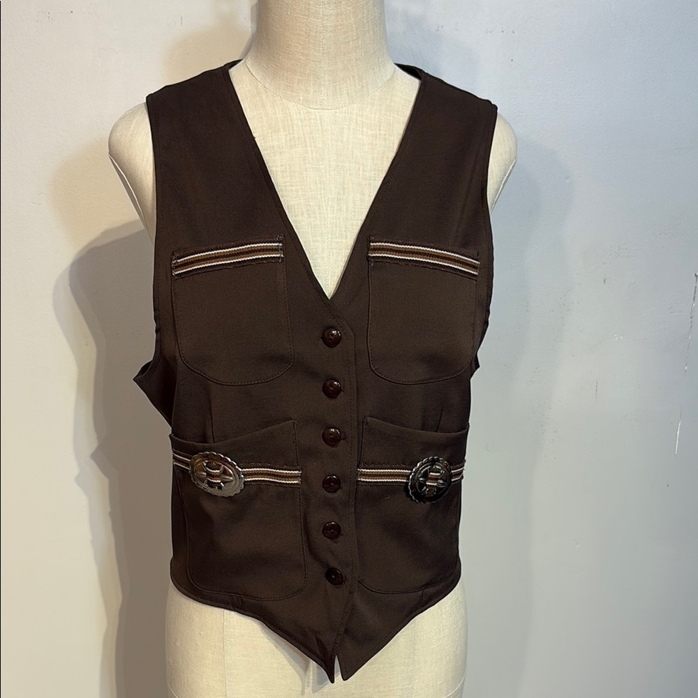 Brown Refashioned Button-Up Western Vest with Striped Accents Size L NWT